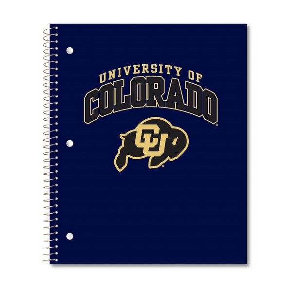 A dark blue notebook with "University of Colorado" printed in black block lettering with a gold foil outline on the front. Below the school name is the CU Buffalo logo.